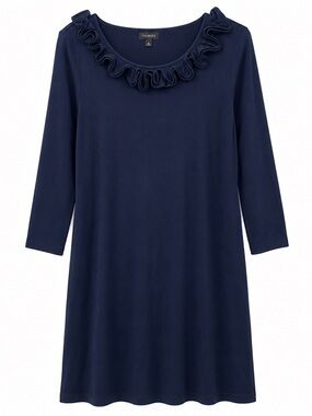Talbots Navy Blue Ruffle Neck Dress Small 3/4 Sleeve Knit Swing Shift Dress Soft